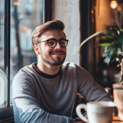 Poster - Young man enjoying coffee in a cozy cafe with ample space for text placement suitable for mock up designs. Generative AI