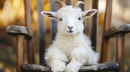 A cute stuffed goat with soft white fur sitting on a wooden chair