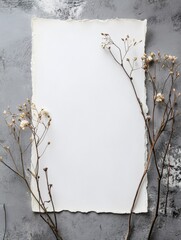 Poster - Elegant blank paper mock up surrounded by delicate dried flowers on a rustic background for creative design uses. Generative AI