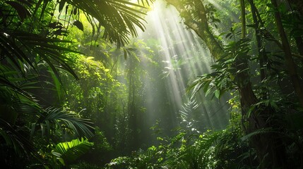 Wall Mural - Sunlight streams through the dense foliage of a tropical jungle.