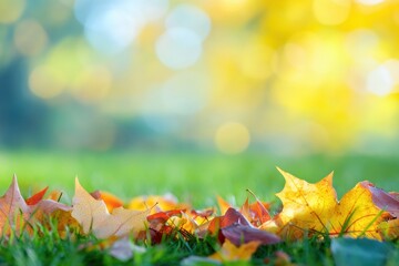 Poster - Colorful autumn leaves scattered on the ground in a serene natural setting with blank space for text insertion. Generative AI