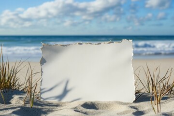 Fototapete - Blank canvas on sandy beach with ocean view and clouds in the background inviting creative expression and inspiration. Generative AI