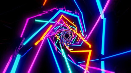Leinwandbilder - Experience a vibrant tunnel of neon lights with swirling patterns and colors at a creative art installation