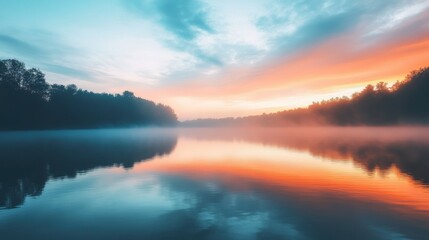 Aufkleber - Serene sunset reflecting on tranquil water under a colorful sky with gentle clouds. Generative AI