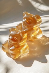 Wall Mural - Two Transparent Yellow Bear-Shaped Gummies on a Soft Background with Shadows, Perfect for Sweet Treat Promotions and Candy Illustrations