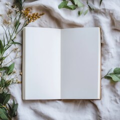 Poster - Blank notebook surrounded by greenery on light fabric for creative projects or note taking opportunities. Generative AI