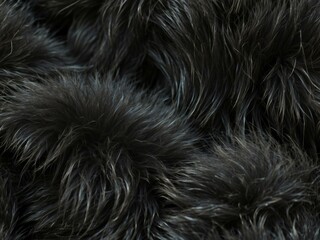 Closeup of black animal fur texture background showing detailed and soft fluffy hair surface for natural pattern design