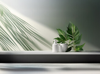 Poster - Sunlit minimalist scene.  White cosmetic containers and vibrant green tropical leaves rest on a sleek, gray shelf against a muted green wall, casting soft shadows.