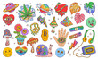 © Buch&Bee - Groovy hippie symbols of cartoon psychedelic rainbow mushroom, flowers and peace sign. Vector retro groovy smile emojis, funky heart and hand with eye, space planets, lightnings and cassette player