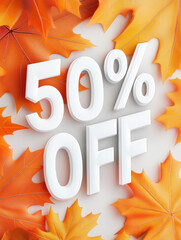 Wall Mural - 3d text 50% OFF on autumn leaf background