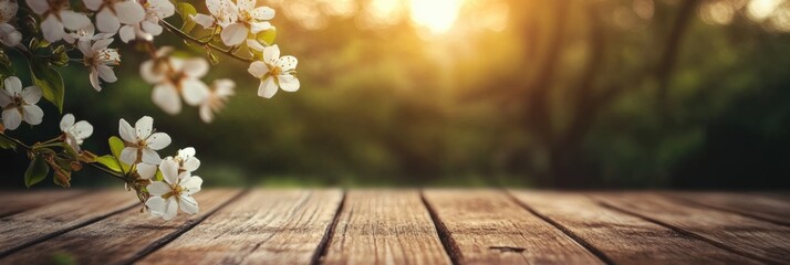 Poster - Natural wood surface adorned with delicate flowers and soft sunlight at evening time. Generative AI