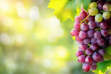 Poster - Freshly harvested grapes hanging from green vines in a sunlit vineyard setting. Generative AI