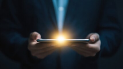 Person Holding Smartphone with Glowing Light Emitting from the Screen