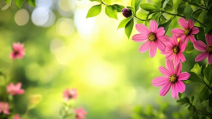 Poster - Bright pink flowers bloom vividly in lush greenery with empty space for text overlay. Generative AI