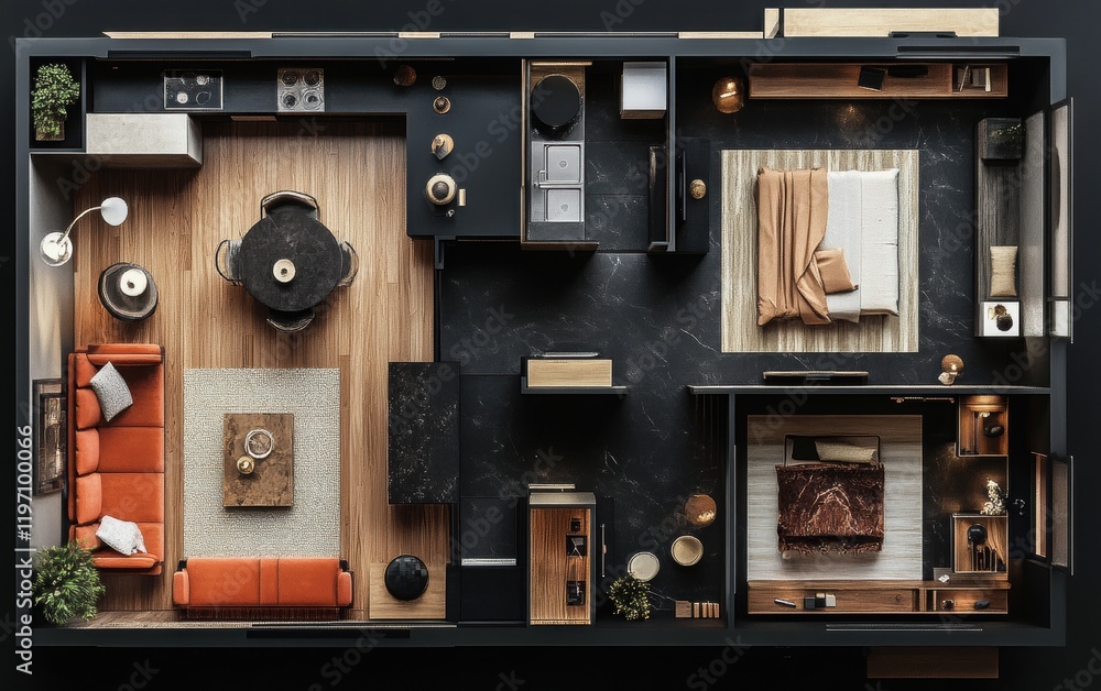 A detailed floor plan of a luxury apartment, isolated with black walls ... - Luxury Apartment Building Floor Plans Architecture