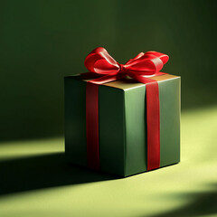 Elegant Green Gift Box with Red Ribbon on a Gradient Background