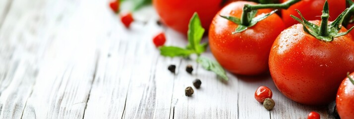 Aufkleber - Fresh red tomatoes surrounded by green herbs and spices on a wooden table creating an inviting culinary atmosphere. Generative AI