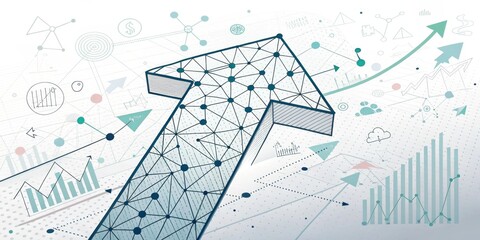 Wall Mural - A digital illustration of a geometric upward arrow, representing growth, trends, and analytics, surrounded by graphs and data patterns.