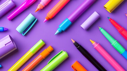 Wall Mural - colorful pens and markers on a purple background.