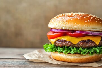 Aufkleber - Delicious cheeseburger with fresh lettuce, tomato, onion, and sesame seed bun on wooden table. Generative AI
