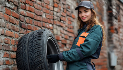 Wall Mural - Female mechanic in uniform with car tire against brick wall background