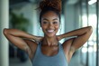 © Mark - Smiling businesswoman doing stretching exercises in  office. Generative AI