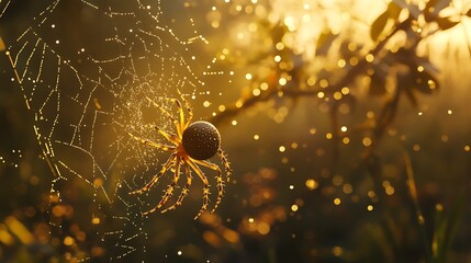 Wall Mural - A golden orb-weaver spider with its striking web shimmering in the sunlight 