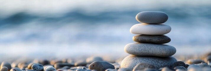 Aufkleber - Stacked pebbles on a beach during sunrise create a calming atmosphere inviting tranquility and reflection. Generative AI