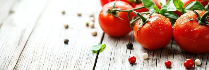 Poster - Fresh ripe tomatoes with herbs arranged on rustic wooden table for culinary creation or recipe mock up. Generative AI