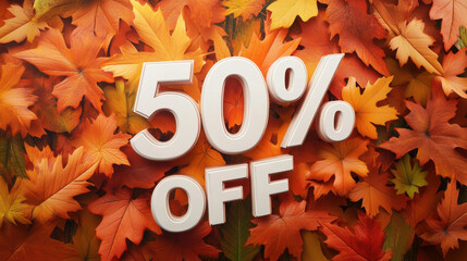 Wall Mural - 3d text 50% OFF on autumn leaf background