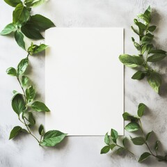 Leinwandbilder - Blank paper surrounded by fresh green leaves on a light stone surface for creative mock up purposes. Generative AI