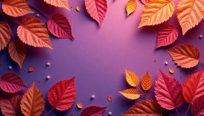 Wall Mural - Dry orange metallic leaves, violet backdrop Geometric fall foliage design , stock, foliage