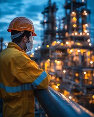 Aufkleber - Industrial engineer in full protective gear, monitoring operations at a vast industrial plant, twilight ambiance, intricate details, vibrant reflections, hyperrealistic