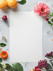 Poster - Creative workspace with blank paper surrounded by colorful flowers and fruits for artistic projects in a bright setting. Generative AI