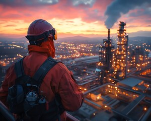 Poster - Wideangle view of a worker in futuristic protective gear, overlooking a hightech industrial facility glowing with advanced technology at dusk, hyperrealistic, HDR