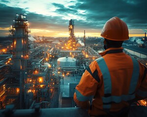 Poster - Wideangle view of a worker in futuristic protective gear, overlooking a hightech industrial facility glowing with advanced technology at dusk, hyperrealistic, HDR