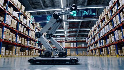 Poster - Advanced robots operating in a modern warehouse setting with automated inventory management technology