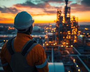 Poster - Wideangle view of a worker in futuristic protective gear, overlooking a hightech industrial facility glowing with advanced technology at dusk, hyperrealistic, HDR