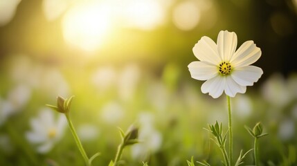 Fototapete - Bright white flower blooming in green field under soft golden sunlight during warm spring evening. Generative AI