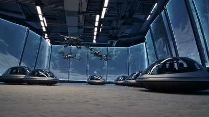 Aufkleber - High-tech drones displayed in a modern facility with expansive windows overlooking a lush forest