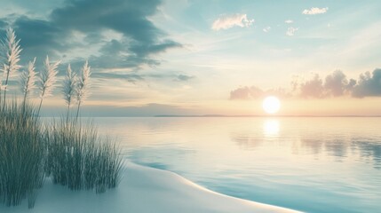 Poster - Serene sunset over calm waters with grass silhouetted in the foreground and a peaceful atmosphere in the background. Generative AI