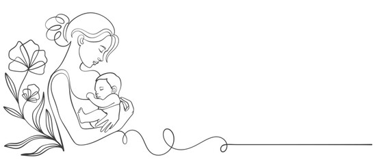 Wall Mural - Mother and baby line art vector illustration, mothers day celebration background