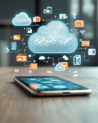 Leinwandbilder - Holographic cloud storage concept with floating digital icons around a smartphone, showcasing data management, file sharing, and security