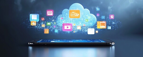 Fototapete - Modern digital cloud storage scene with a smartphone and hovering icons of files, applications, and realtime data transfer in a virtual interface