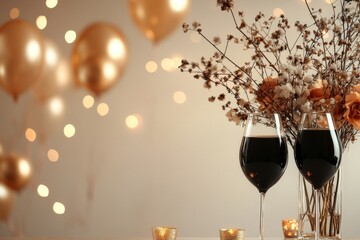 Elegant celebration setup with roses and wine glasses illuminated by golden balloons and soft lights