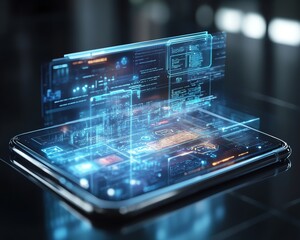 Fototapete - A smartphone with cloud storage holograms, displaying files, apps, and data flow in a seamless digital storage experience
