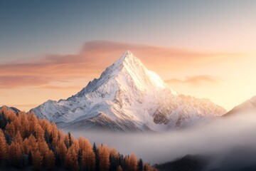 Wall Mural - Majestic mountain peak bathed in warm sunset light over autumn trees in a serene landscape