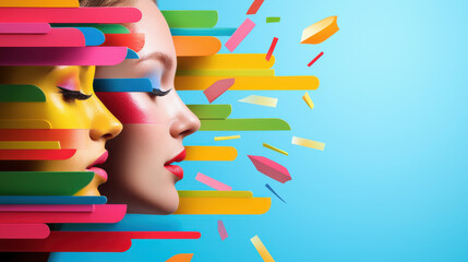 Fototapete - vibrant pop art image featuring two stylized faces in profile, surrounded by colorful geometric shapes. artwork conveys sense of creativity and modernity