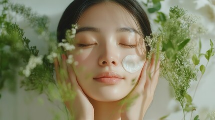 Wall Mural - Herbal ingredients meet Asian beauty: natural skin care face moments.  