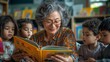 © Minka - Elderly Asian teacher reads a book, group of attentive children, kindergarten